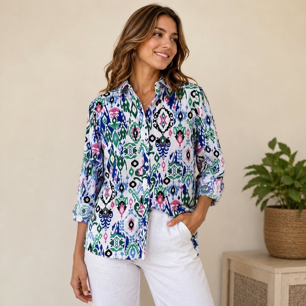 Chico's Classic Ikat Print Button Down Shirt Multi Color Cotton Stretch Size 0 4